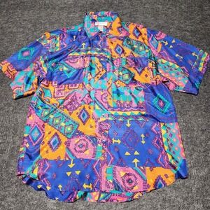 Rhoda Lynne Womens Vintage Silk Blouse Abstract Aztec Bright Vivid Large Granny